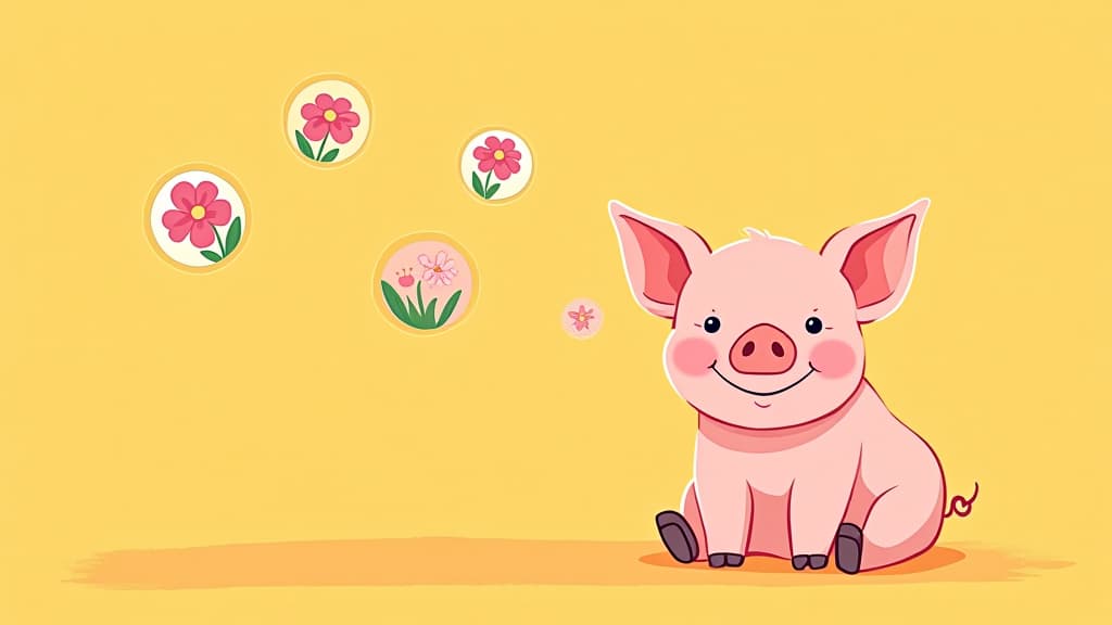  flat illustration, flaticon, (illustration:1.15), pig , sitting on left side, (right side is empty for text), smiling pig looking at camera, cartoon drawn circles with flowers inside circles flying around pig head, yellow pastel solid background ar 3:2 ar 16:9, [cory loftis, strobist, pascal campion :: 0.2]