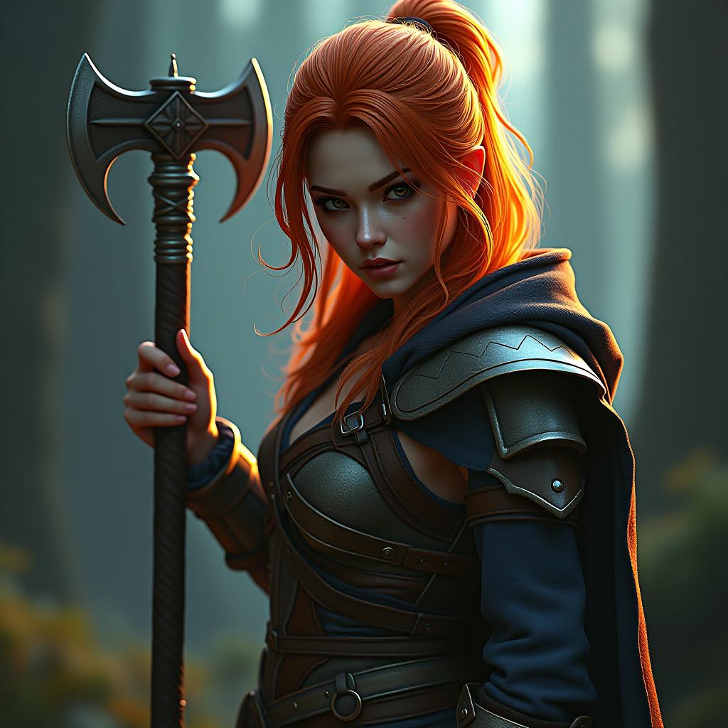  a woman with red hair holding an axe, by arthur pan, fantasy art, wow 4 k detail fantasy, barbarian celebrate his birthday, unreal engine : : rave makeup, fierce look hyperrealistic, full body, detailed clothing, highly detailed, cinematic lighting, stunningly beautiful, intricate, sharp focus, f/1. 8, 85mm, (centered image composition), (professionally color graded), ((bright soft diffused light)), volumetric fog, trending on instagram, trending on tumblr, HDR 4K, 8K