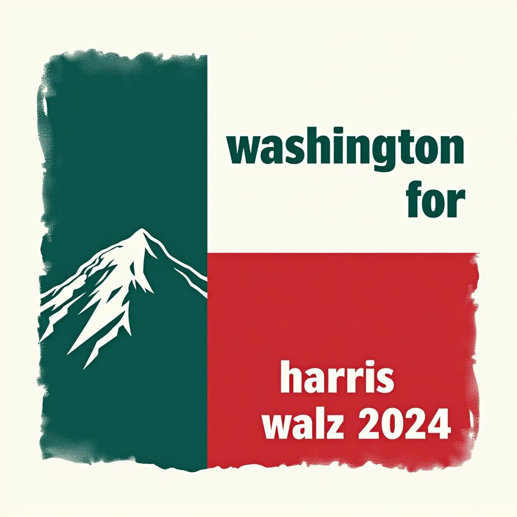  a tshirt design inspired by the washington state flag. the left side features a green vertical stripe with a large mountain in the center. the right side is divided into two horizontal sections: the top section is white with the text 'washington for' in bold, green, uppercase letters, and the bottom section is red with the text 'harris walz 2024' in bold, white, uppercase letters. the overall layout is clean and straightforward, with a clear and patriotic color scheme of blue, white, and red.