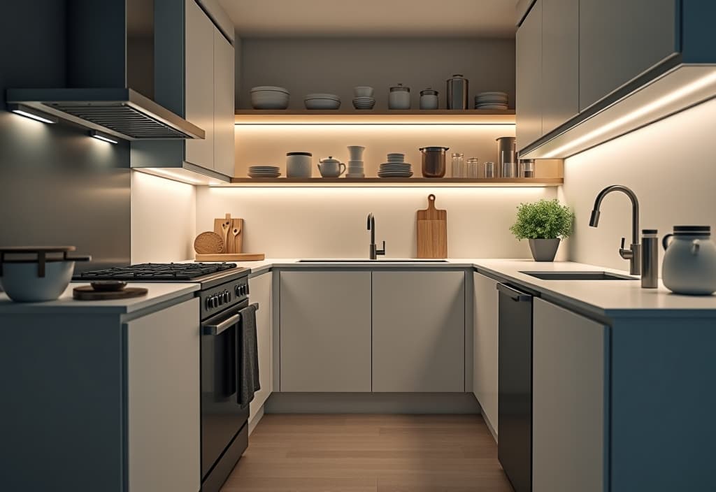  a landscape photo of a minimalist kitchen with pull out pantry shelves, magnetic knife strip, and under cabinet lighting, viewed from a low angle hyperrealistic, full body, detailed clothing, highly detailed, cinematic lighting, stunningly beautiful, intricate, sharp focus, f/1. 8, 85mm, (centered image composition), (professionally color graded), ((bright soft diffused light)), volumetric fog, trending on instagram, trending on tumblr, HDR 4K, 8K