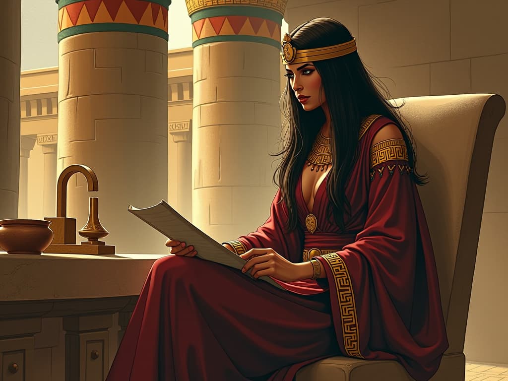  ancient egyptian high priestess, large busted and in form fitting robes, sitting by a sandstone desk, parchment and ink in hand, hieroglyphs around her, serene atmosphere of reflection. the style is digital art illustration / modern comic book / mysterious occult, symbolic, esoteric vibe,high detail on character design, incorporating ancient egyptian symbology and attire.