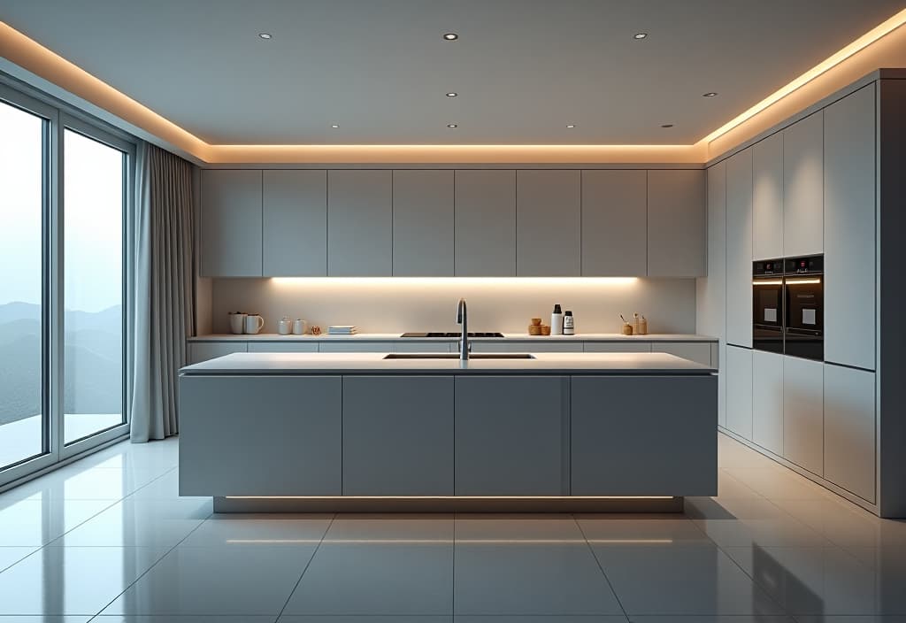  a landscape photo of a stunning kitchen with a floating island that appears to defy gravity, surrounded by sleek, minimalist cabinetry and futuristic appliances hyperrealistic, full body, detailed clothing, highly detailed, cinematic lighting, stunningly beautiful, intricate, sharp focus, f/1. 8, 85mm, (centered image composition), (professionally color graded), ((bright soft diffused light)), volumetric fog, trending on instagram, trending on tumblr, HDR 4K, 8K