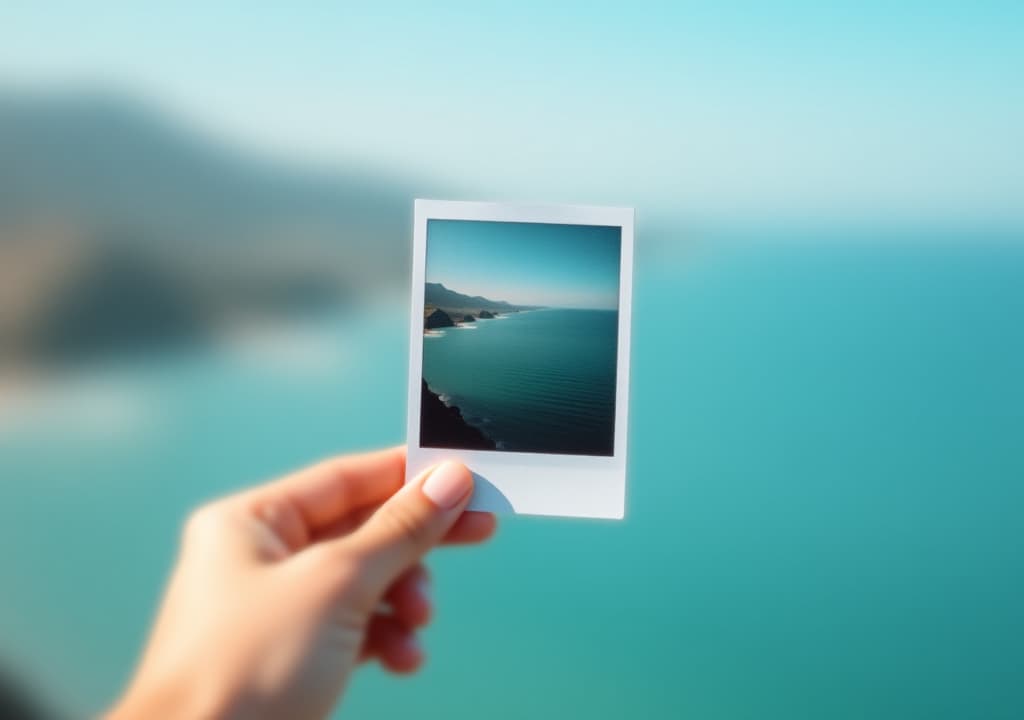  a person holding up a polaroid picture in front of the ocean, perfect for travel or vacation themes isolated with white highlights,