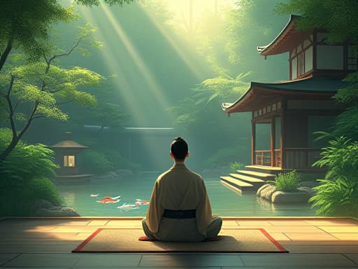  anime scene, serene zen meditation session, traditional japanese garden, koi pond, lush greenery, elegant tea house in background, character in traditional zen attire, seated in lotus position on mat, peaceful expression, soft rays of sunlight filtering through trees, warm glow, calm and contemplative atmosphere, gentle, flowing lines, muted, harmonious colors