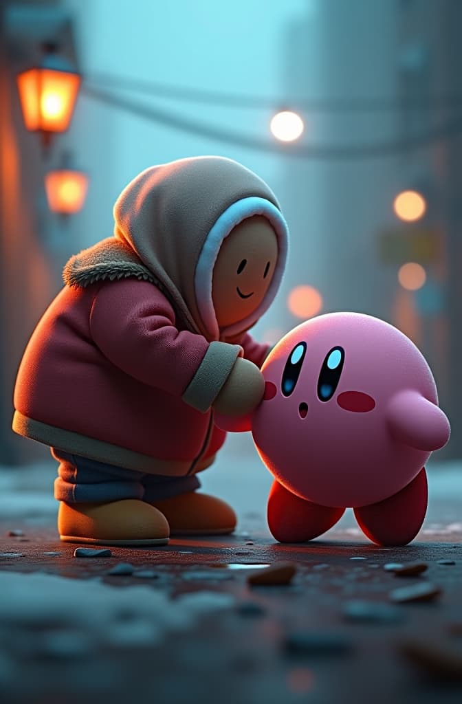  game character kirby helping a waddle dee up hyperrealistic, full body, detailed clothing, highly detailed, cinematic lighting, stunningly beautiful, intricate, sharp focus, f/1. 8, 85mm, (centered image composition), (professionally color graded), ((bright soft diffused light)), volumetric fog, trending on instagram, trending on tumblr, HDR 4K, 8K