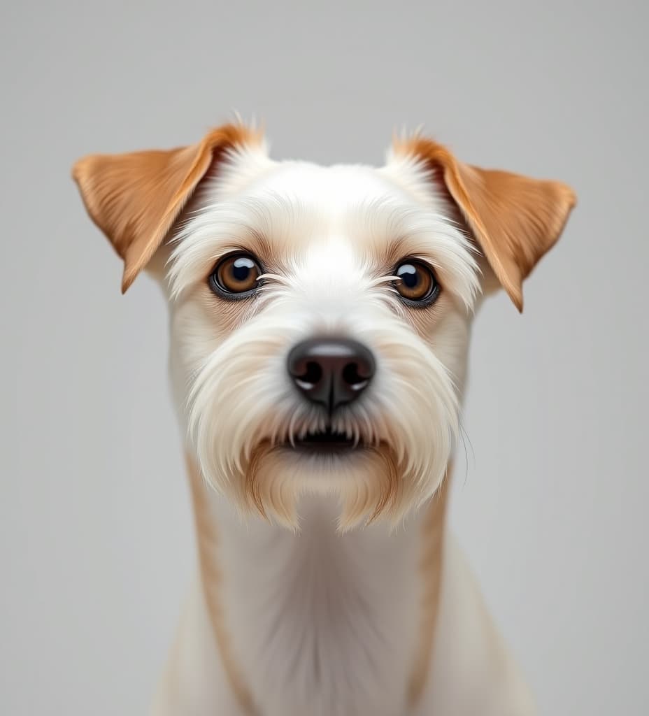  white medium jack russell terrier dog with wavy hair and droopy ears