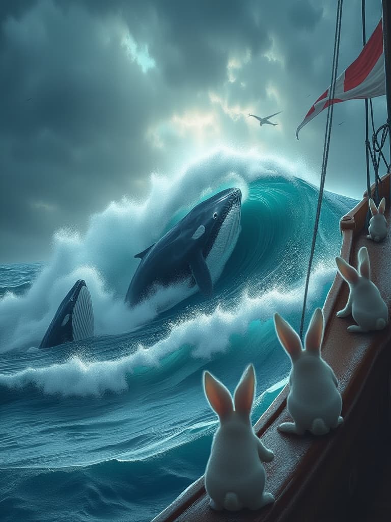  the sky suddenly became dark, cloudy and huge waves beat the boat. white little rabbits gripped the side of the boat with a little fear in their eyes. just as the rabbits were about to be swept away by the waves, blue whales suddenly appeared in the waves, with huge bodies blocking the most violent waves and protecting the white rabbits。