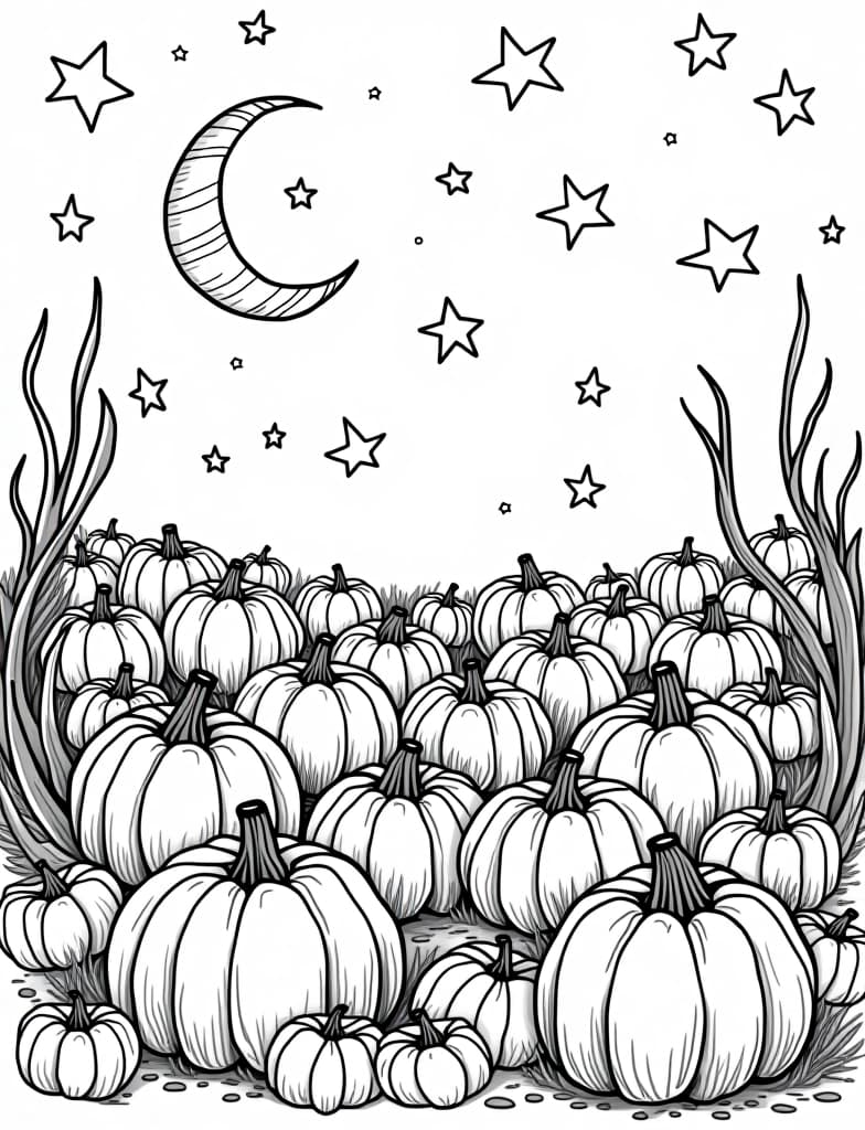  a whimsical scene of a pumpkin patch with a full moon and twinkling stars, black and white line art on a white background, for an adult coloring page.