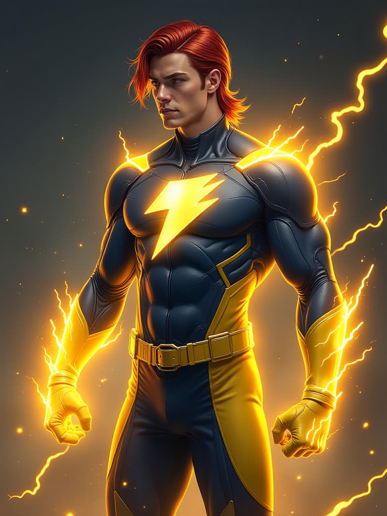  full body photorealistic handsome hunky young slender futuristic male hero with shoulder length red hair wearing a navy and yellow costume and wristbands that can create lightning burst, his body is covered with yellow lightning burst energy..