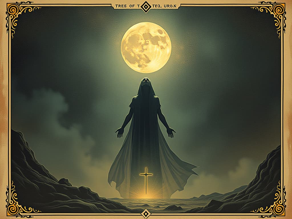  vanishing boundaries, union with universal energy, figure dissolving into light, spiritual, enlightening an illustration in the style of a worn, mystical old tarot trump card, mysterious and elements of surrealism. the colors are muted, somber and eerie, but with contrast bring out an occult and esoteric vibe.