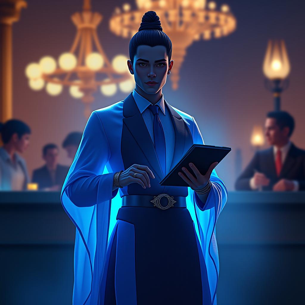  waiter, blue color, glam, power, glowing lights intricate, elegant, highly detailed, digital painting, artstation, concept art, smooth, sharp focus, illustration, art by artgerm and greg rutkowski and fra angelico and unreal engine 5 hyperrealistic, full body, detailed clothing, highly detailed, cinematic lighting, stunningly beautiful, intricate, sharp focus, f/1. 8, 85mm, (centered image composition), (professionally color graded), ((bright soft diffused light)), volumetric fog, trending on instagram, trending on tumblr, HDR 4K, 8K