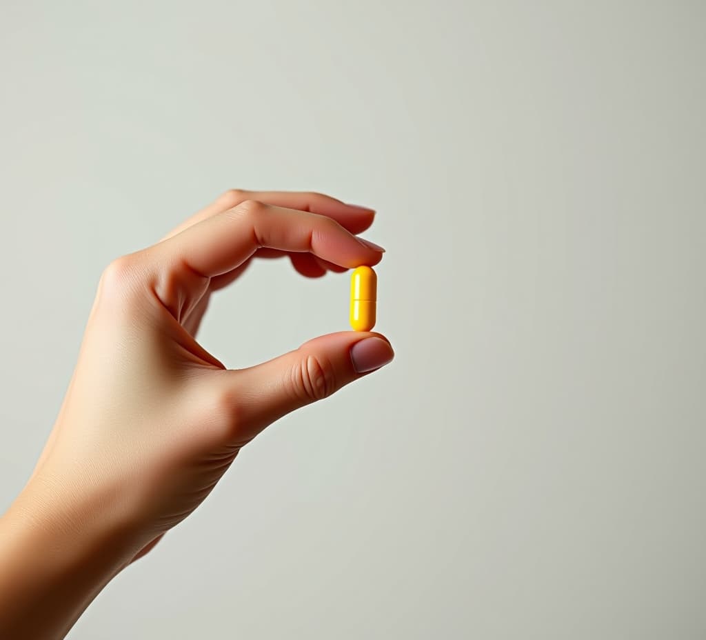  hand holding a small yellow pill against a plain background, emphasizing the simplicity and focus on the pill. ideal for healthcare, medication, and wellness themes.