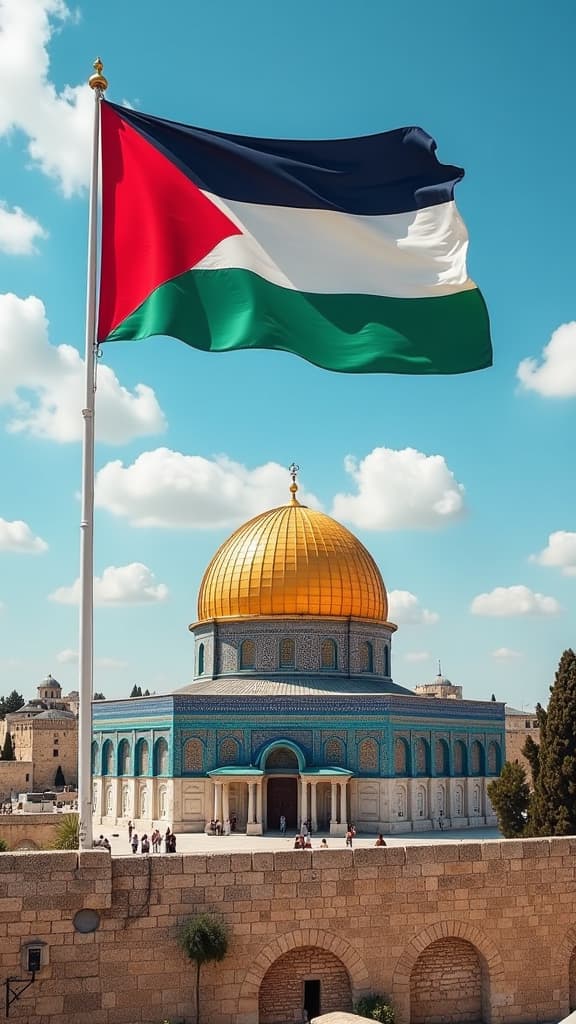  a panoramic view of the dome of the rock, glistening under the golden sunlight, with the palestinian flag boldly rising in the foreground. the sky is a rich blue, dotted with fluffy white clouds, while the dome's intricate mosaics shimmer in shades of gold and turquoise. the scene conveys a powerful sense of pride and heritage, with the flag fluttering gently in the breeze, symbolizing resilience and hope amidst a historic landscape.