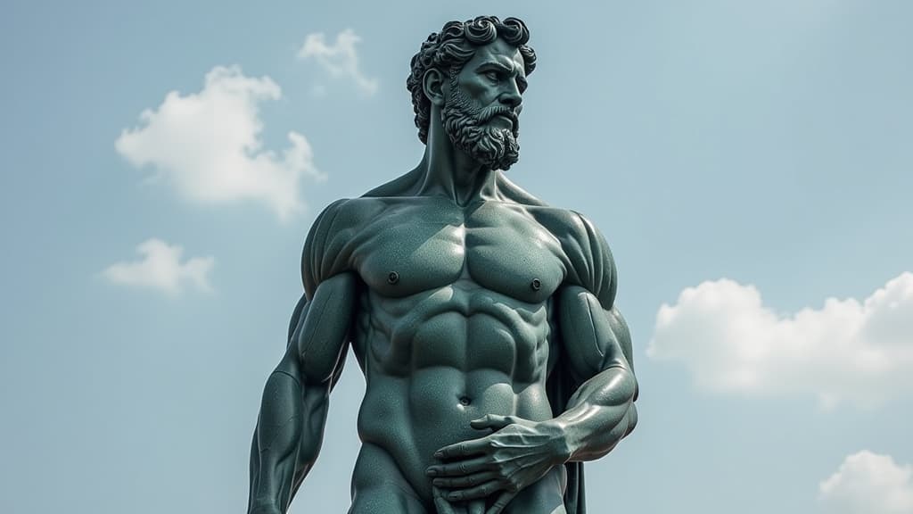  an imposing statue of iron, graceful, muscular, stoicism, statue of stoicism