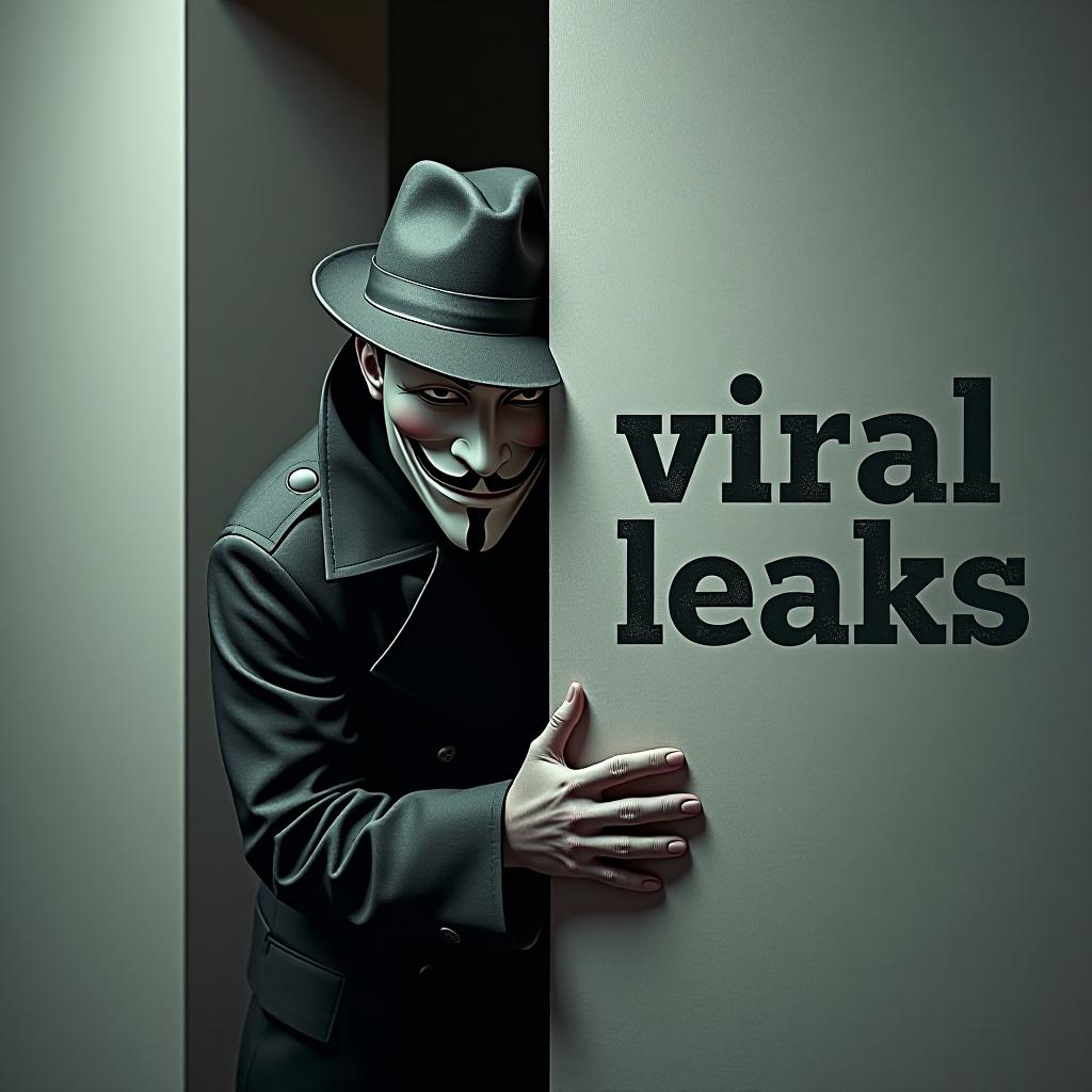  good quality, high quality, a anonymous hide face for "viral leaks," featuring a realistic character wearing a trench coat and hat, peeking out from behind a wall with a mischievous grin. the text "viral leaks" is styled in a hacker font with subtly integrated into the design, representing the idea of leaks.