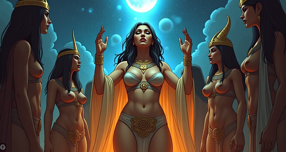  a celestial council, gods and goddesses surrounding a large busted priestess in tight, sheer garments, her eyes closed, receiving divine guidance, sacred energies flowing. the style is digital art illustration / modern comic book / mysterious occult, symbolic, esoteric vibe,high detail on character design, incorporating ancient egyptian symbology and attire.