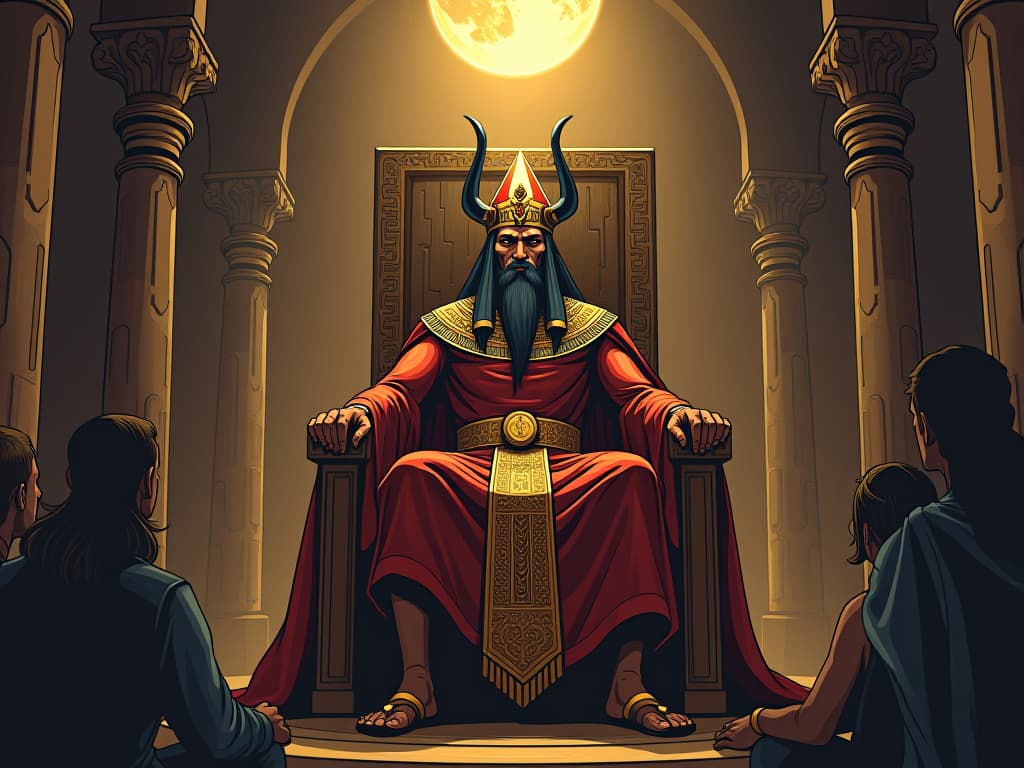  melampus, seated on a throne, revered by those around him, aura of a powerful oracle, ancient stone chamber setting. the style is digital art illustration / modern comic book / mysterious occult, symbolic, esoteric vibe,high detail on character design, incorporating ancient egyptian symbology and attire.