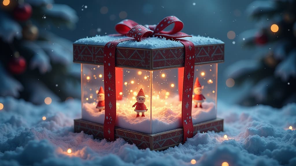  epic realistic, hyperdetailed, (cycles render:1.3), caustics, (glossy:0.58), (artstation:0.82),a christmas gift in the form of a mysterious box with a transparent lid and walls, inside which glowing snowflakes and small elf figures sparkle ar 16:9