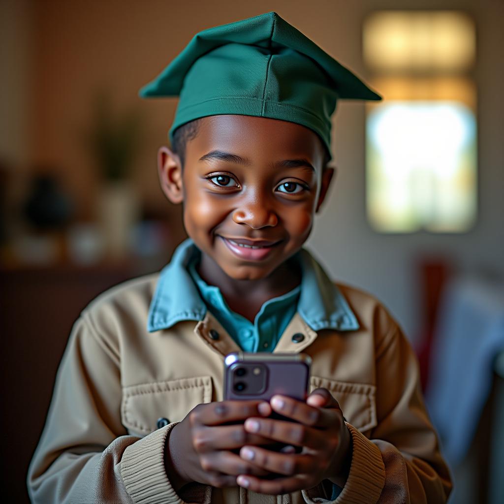  a light skinned child, a graduate of an orphanage, receives a multicooker and a mobile phone as gifts.