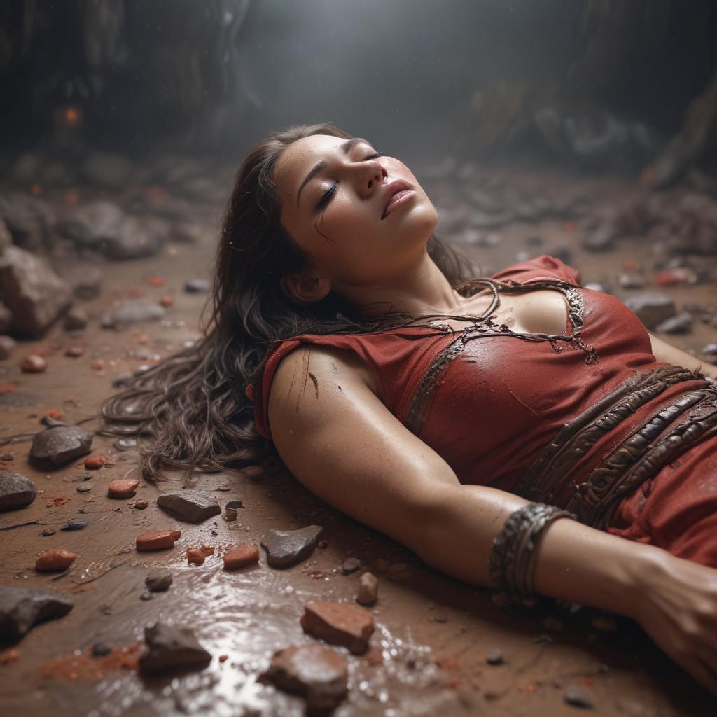 ((masterpiece)),(((best quality))), 8k, high detailed, ultra detailed, a tribe woman dead lying on the ground eyes closed blood, (shattered pottery), (thunderstorm approaching), (mystical aura) hyperrealistic, full body, detailed clothing, highly detailed, cinematic lighting, stunningly beautiful, intricate, sharp focus, f/1. 8, 85mm, (centered image composition), (professionally color graded), ((bright soft diffused light)), volumetric fog, trending on instagram, trending on tumblr, HDR 4K, 8K