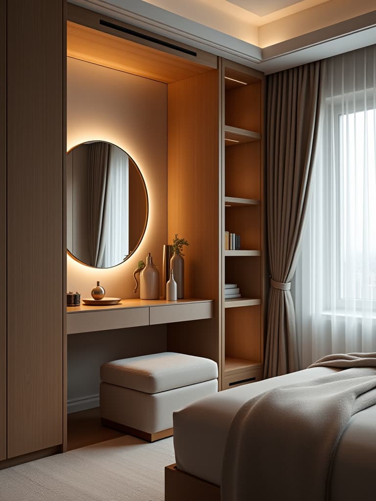  high quality portrait photo of a modern bedroom with a sculptural room divider, creating a dressing area with a sleek vanity, ottoman, and full length mirror hyperrealistic, full body, detailed clothing, highly detailed, cinematic lighting, stunningly beautiful, intricate, sharp focus, f/1. 8, 85mm, (centered image composition), (professionally color graded), ((bright soft diffused light)), volumetric fog, trending on instagram, trending on tumblr, HDR 4K, 8K