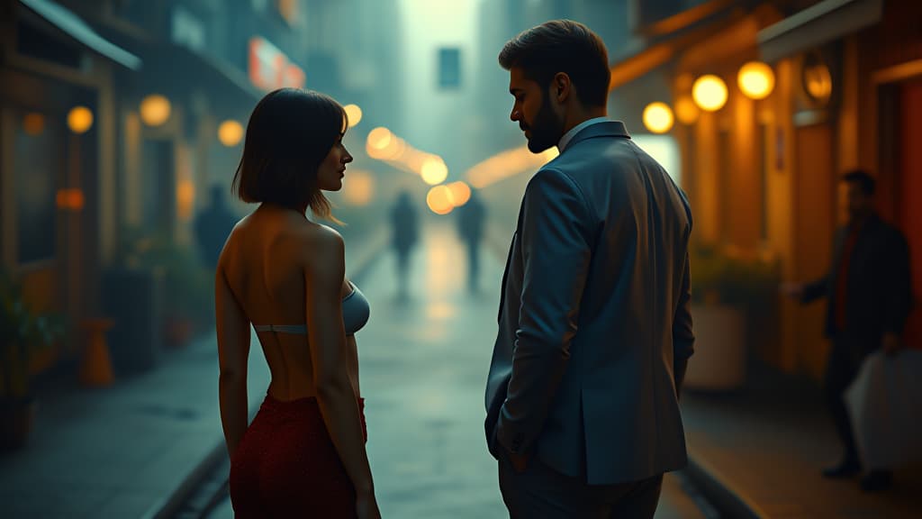  cinematic film still a full length young woman in a micro skirt flirts with a young man in front of her jealous husband . shallow depth of field, vignette, highly detailed, high budget, bokeh, cinemascope, moody, epic, gorgeous, film grain, grainy