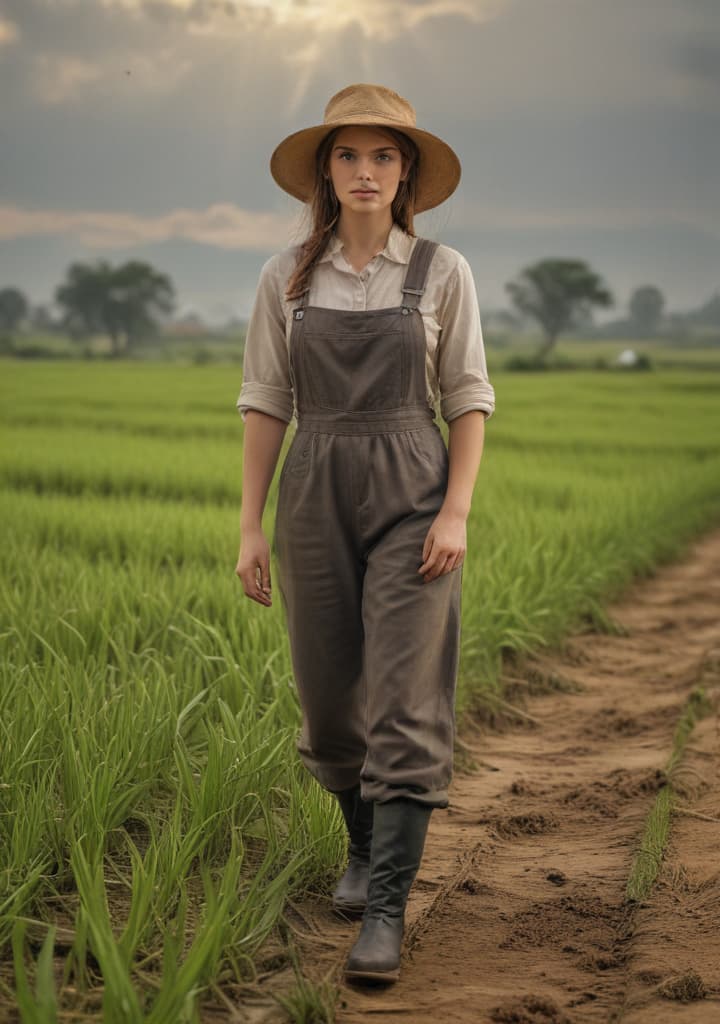 sandy walsh use farmer clothing in the rice field highly detailed,studio lighting,professional,vivid colors, cinematic lighting, HDR, UHD, 4K, 8k, 64K