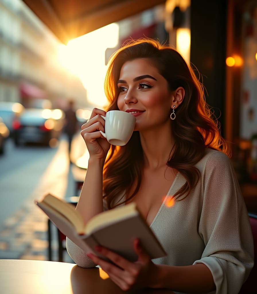  stunning woman, elegant, sipping espresso, reading a book, serene smile, gazing into the distance, dreamy atmosphere, soft pastel color palette, warm golden hour lighting, afternoon, playful shadows, chic parisian street cafe, portrait photograph, canon eos r5, 50mm lens, f/1.8, eye level shot, kodak portra 800, 8k resolution, ultra high detailed, intricate, trending on artstation, top quality, awarded masterpiece hyperrealistic, full body, detailed clothing, highly detailed, cinematic lighting, stunningly beautiful, intricate, sharp focus, f/1. 8, 85mm, (centered image composition), (professionally color graded), ((bright soft diffused light)), volumetric fog, trending on instagram, trending on tumblr, HDR 4K, 8K