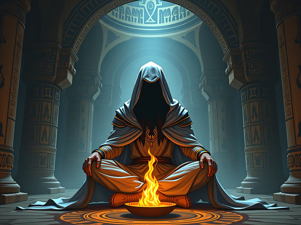  an individual, cloaked in magnificent, flowing garments, sitting cross legged in a chamber filled with mystical artifacts and ancient inscriptions. a flame in front, symbolizing introspection and the fires of self reflection.. the style is digital art illustration / modern comic book / mysterious occult, symbolic, esoteric vibe,high detail on character design, incorporating ancient egyptian symbology and attire.