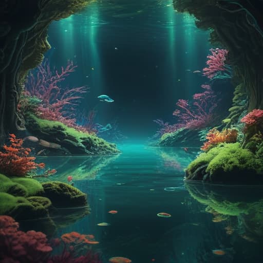 Imagine a breathtaking digital artwork of "Undersea Alkaline Brine River" by Akina Fujiwara. The scene depicts a vast underwater world with rivers of alkaline brine water flowing beneath the ocean's surface, giving off a distinct green tint. Shoals of colorful fish swim gracefully through the shimmering currents, surrounded by vibrant coral reefs and sea plants. The ethereal glow of bioluminescent creatures adds a magical touch to this mesmerizing underwater landscape. fantastical creatures or characters inspired by mythology, folklore, or popular culture. use vibrant colors, sharp lines, intricate details, dynamic poses, dramatic lighting, atmospheric backgrounds, and blend anime, manga, and Western comic influences.