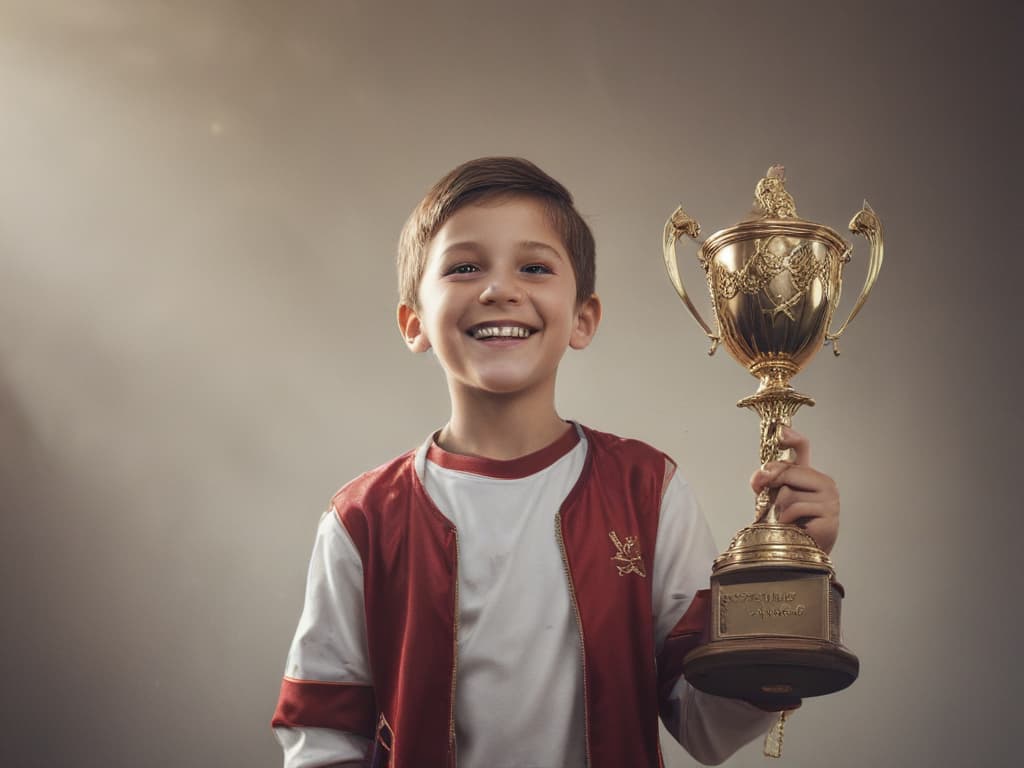 ultra realistic ((ultra realistic ((a child raising a trophy overhead with a proud smile)))) hyperrealistic, full body, detailed clothing, highly detailed, cinematic lighting, stunningly beautiful, intricate, sharp focus, f/1. 8, 85mm, (centered image composition), (professionally color graded), ((bright soft diffused light)), volumetric fog, trending on instagram, trending on tumblr, HDR 4K, 8K