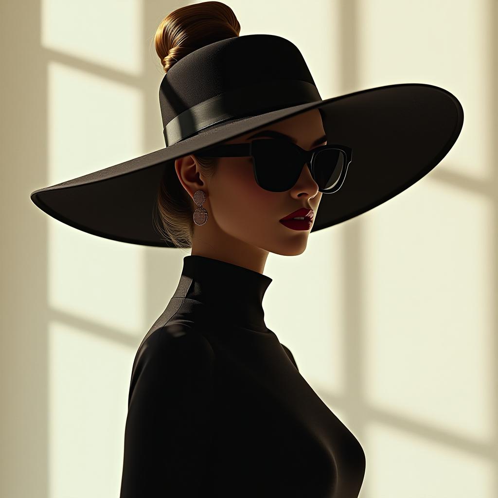  minimalist style digital painting, a sultry woman in a black dress tailored specifically to emphasize her silhouette, gold earrings shimmering under a huge hat hiding a mysterious face, dark glasses partially hiding a , a high bun of hair emphasizing sophistication, a play of light and shadow reminiscent of film noir, optical illusions that enhance the effect. ultra clear, natural light, cinematic. . simple, clean, uncluttered, modern, elegant hyperrealistic, full body, detailed clothing, highly detailed, cinematic lighting, stunningly beautiful, intricate, sharp focus, f/1. 8, 85mm, (centered image composition), (professionally color graded), ((bright soft diffused light)), volumetric fog, trending on instagram, trending on tumblr, HDR 4K, 8K