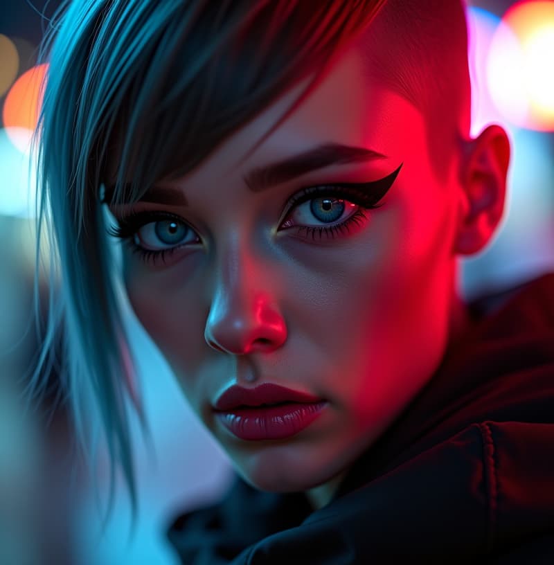  ultra realistic close up portrait ((beautiful pale cyberpunk female with heavy black eyeliner)), blue eyes, shaved side haircut, hyper detail, cinematic lighting, magic neon, dark red city, canon eos r3, nikon, f/1.4, iso 200, 1/160s, 8k, raw, unedited, symmetrical balance, in frame, 8k hyperrealistic, full body, detailed clothing, highly detailed, cinematic lighting, stunningly beautiful, intricate, sharp focus, f/1. 8, 85mm, (centered image composition), (professionally color graded), ((bright soft diffused light)), volumetric fog, trending on instagram, trending on tumblr, HDR 4K, 8K