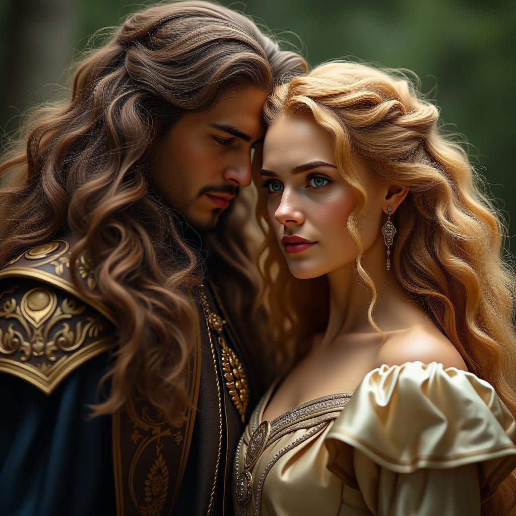  make an image of a honey blond woman as a queen next to a king of long brown curly hair and dragons