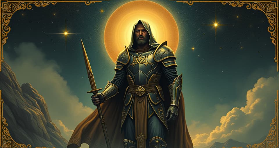  a heroic figure clad in armor, haloed by a radiant light, cosmic landscape, stars and galaxies in the background, purpose, destiny, grandeur. an illustration in the style of a worn, mystical old tarot trump card, mysterious and elements of surrealism. the colors are muted, somber and eerie, but with contrast bring out an occult and esoteric vibe.