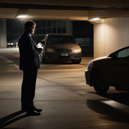 A photo of a car accident attorney examining evidence in a dimly lit parking garage in the late evening with a single overhead spotlight casting dramatic shadows on the subject's face.