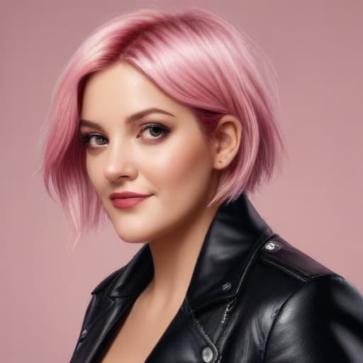 woman like Drew Barrymore, short pink hair, leather outfit, face to camera, looking at me, realistic