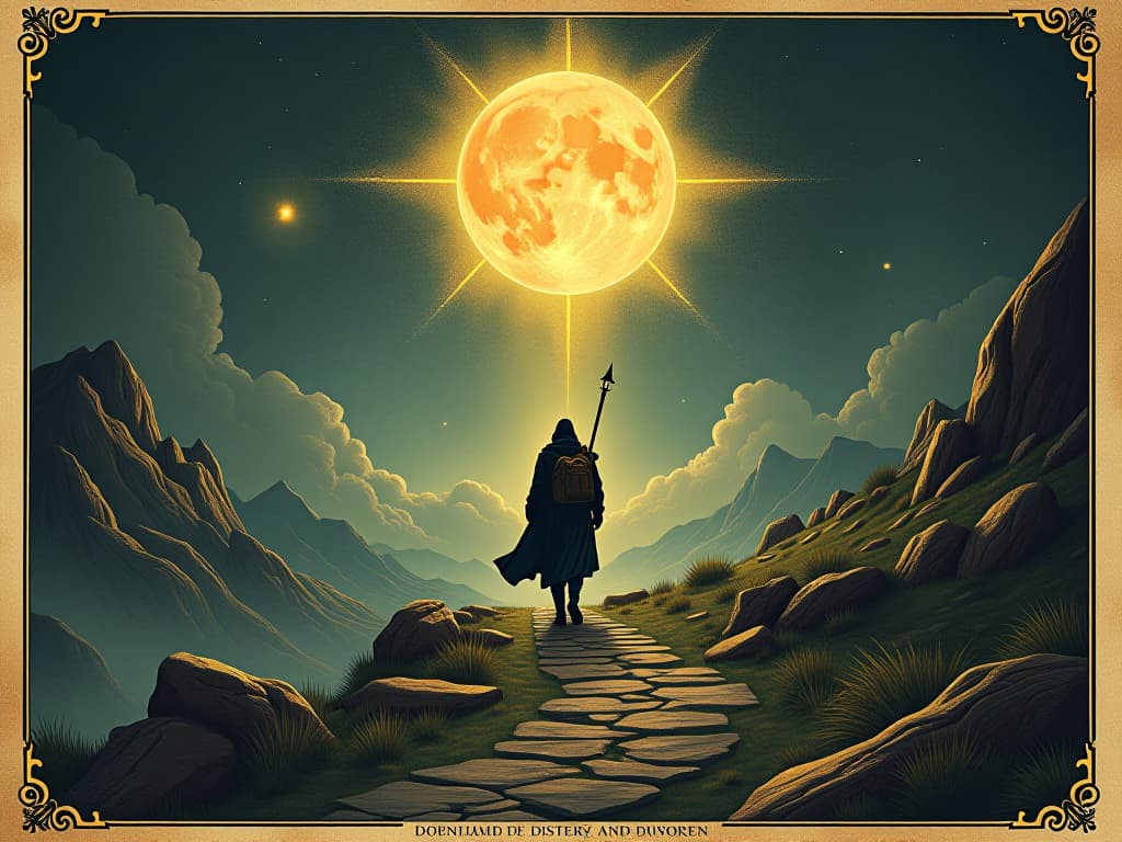  a determined traveler, illuminated by cosmic light, steadfast on a solitary path through a mystical landscape, quest for enlightenment and fulfillment. an illustration in the style of a worn, mystical old tarot trump card, mysterious and elements of surrealism. the colors are muted, somber and eerie, but with contrast bring out an occult and esoteric vibe.