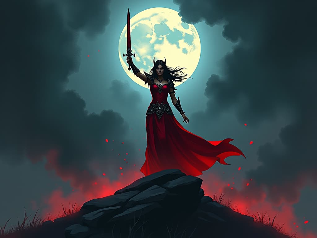  warrior queen in red regalia, standing on moonlit hill, sword aloft, dark clouds swirling, aura of chosen strength. the style is digital art illustration / modern comic book / graphic dark novel fantasy and mysterious occult, symbolic, moody lighting, esoteric vibe,high detail on character design. for the color scheme emphasize blacks and reds.