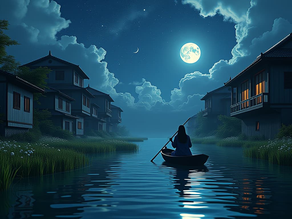  (masterpiece:1.2), (best quality,:1.2), 8k, hdr, ultra detailed, ((photorealistic)), night view of the old town，seek and find，cheerless，the moon falls, the crescent moon falls into the lonely well，fragmented，bit by bit，there are flowers in dreams, green meadows in dreams，long hair causes ripples，shirabu shishiiso，kappa poles swing the boat，crossing the ancient rare，（small rivers），（ancient boats），（there is a bright full moon in the distant night sky），（shining stars），（starcloud），（nighttime scene），inspired by van gogh，（van gogh starry sky painting style），oilpaintstyle，8k wallpaper，light and shadow effect，tyndall，rendering by octane，white balance，unreal 5，extremely  hyperrealistic, full body, detailed clothing, highly detailed, cinematic lighting, stunningly beautiful, intricate, sharp focus, f/1. 8, 85mm, (centered image composition), (professionally color graded), ((bright soft diffused light)), volumetric fog, trending on instagram, trending on tumblr, HDR 4K, 8K