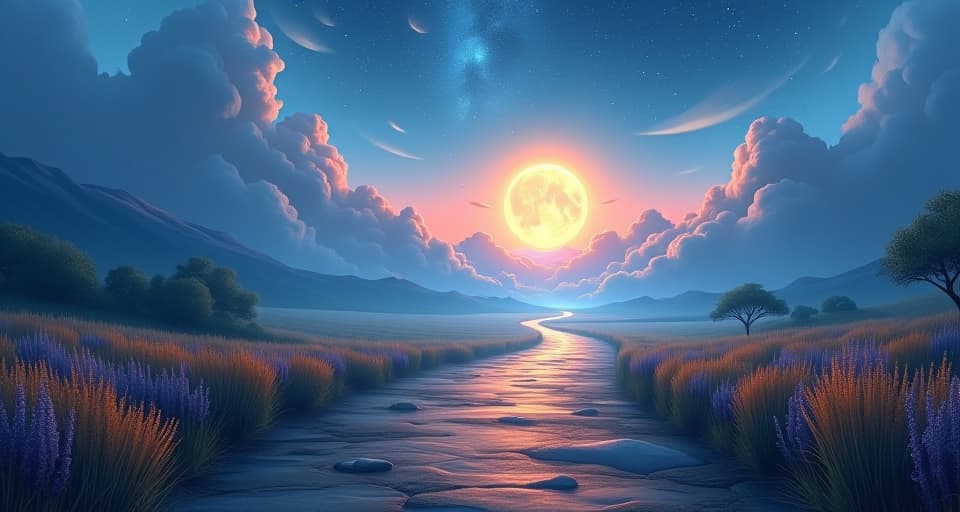  beginning point, ethereal landscape, glowing path, extended journey, bright future ahead.. the style is digital art illustration,highly detailed, whimsical,magical, dreamlike atmosphere, realism and fantasy blend, smooth, glossy textures,luminous quality, wonder and enchantment.