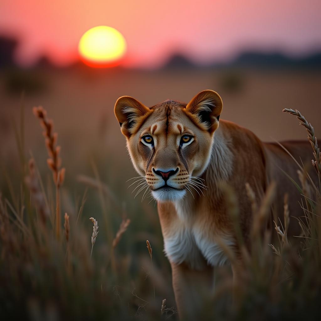  photoreal. professional. photorealistic+++++. a lioness hiding in tall grass. it is the dry season. the sun is setting and it is almost dusk. lots of tees. detailed african bushveld flora. uhd. ultra detailed. best quality photo. intricate details. give attention to the finest details.