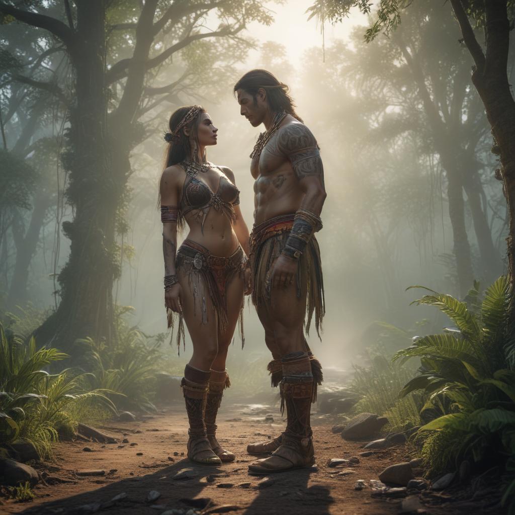 ((masterpiece)),(((best quality))), 8k, high detailed, ultra detailed, sexy tribe couple, (exotic outfits), (passionate embrace), tribal markings, (jungle setting) hyperrealistic, full body, detailed clothing, highly detailed, cinematic lighting, stunningly beautiful, intricate, sharp focus, f/1. 8, 85mm, (centered image composition), (professionally color graded), ((bright soft diffused light)), volumetric fog, trending on instagram, trending on tumblr, HDR 4K, 8K