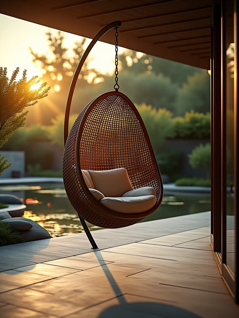  high quality portrait photo of a modern patio with a suspended egg shaped chair hanging from a sleek metal frame, overlooking a lush garden with a koi pond, shot from a low angle during golden hour hyperrealistic, full body, detailed clothing, highly detailed, cinematic lighting, stunningly beautiful, intricate, sharp focus, f/1. 8, 85mm, (centered image composition), (professionally color graded), ((bright soft diffused light)), volumetric fog, trending on instagram, trending on tumblr, HDR 4K, 8K