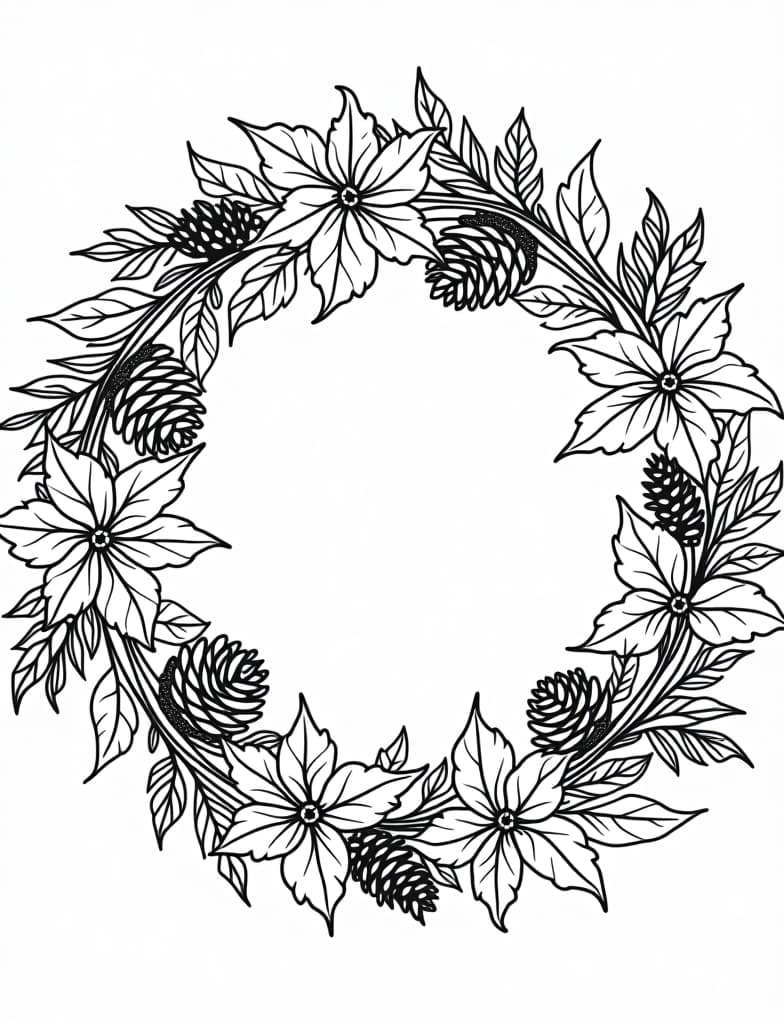  a wreath made of autumn leaves, pinecones, and berries, black and white line art on a white background, for an adult coloring page.