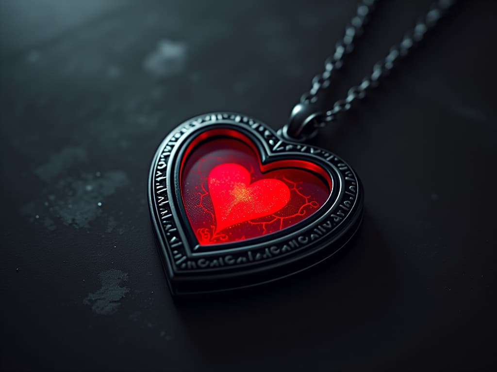  heart shaped locket, faintly glowing, laying on a dark surface, sense of nostalgia and skipped heartbeat. the style is digital art illustration / modern comic book / graphic dark novel fantasy and mysterious occult, symbolic, moody lighting, esoteric vibe,high detail on character design. for the color scheme emphasize blacks and reds.