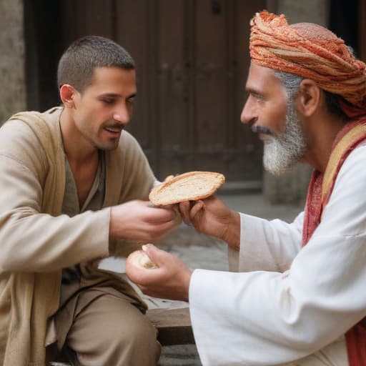 A man of wise giving a piece of bread to a poor man.