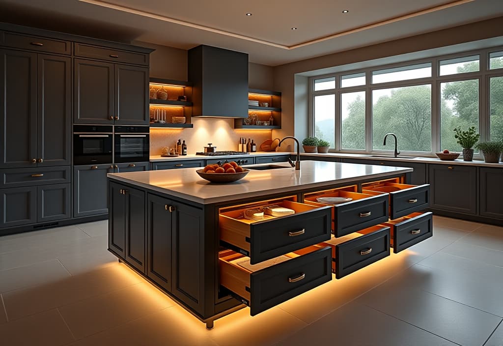  a landscape photo of an elegant kitchen island with multiple pull out drawers, rotating shelves, and hidden compartments, showcasing versatile storage options hyperrealistic, full body, detailed clothing, highly detailed, cinematic lighting, stunningly beautiful, intricate, sharp focus, f/1. 8, 85mm, (centered image composition), (professionally color graded), ((bright soft diffused light)), volumetric fog, trending on instagram, trending on tumblr, HDR 4K, 8K