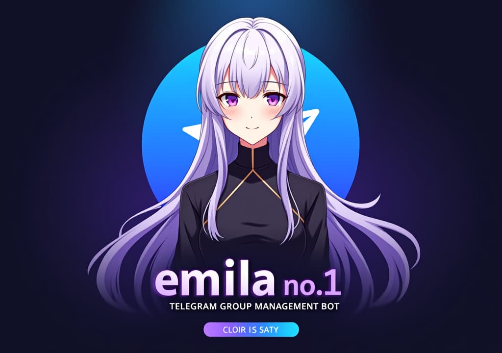  good quality, high quality, a poster style profile picture for a telegram group management bot featuring emilia from re:zero. emilia is depicted with her silver hair and purple eyes, standing confidently with a stylized telegram icon behind her. the background blends telegram’s blue gradient with subtle purple hues. the text "emilia no.1 telegram group management bot" in anime sytle font is prominently displayed at the bottom in bold, modern font, with a small tag underneath, creating a sleek and professional look.