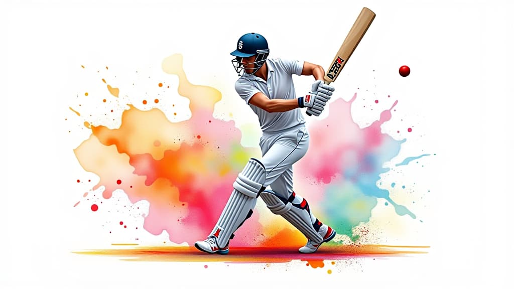  illustration of a cricket player with colorful watercolor splash, isolated on white background